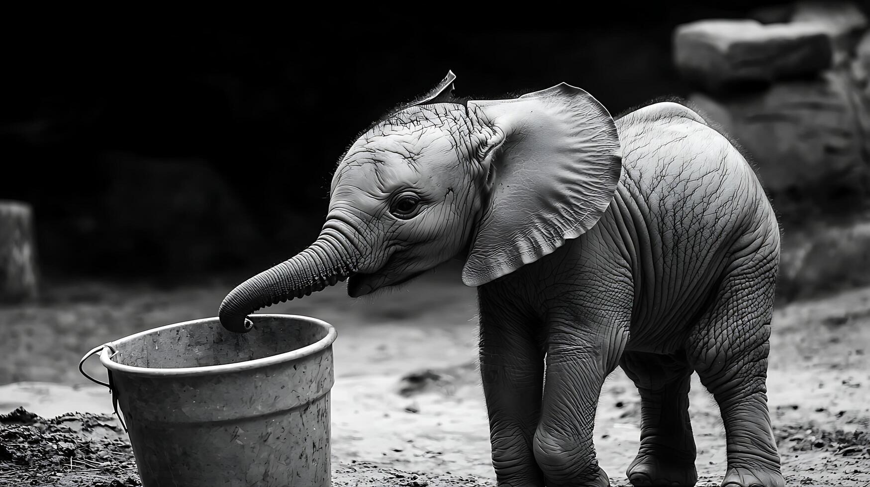 Adorable baby elephant curiously investigates an empty bucket in black and white. photo