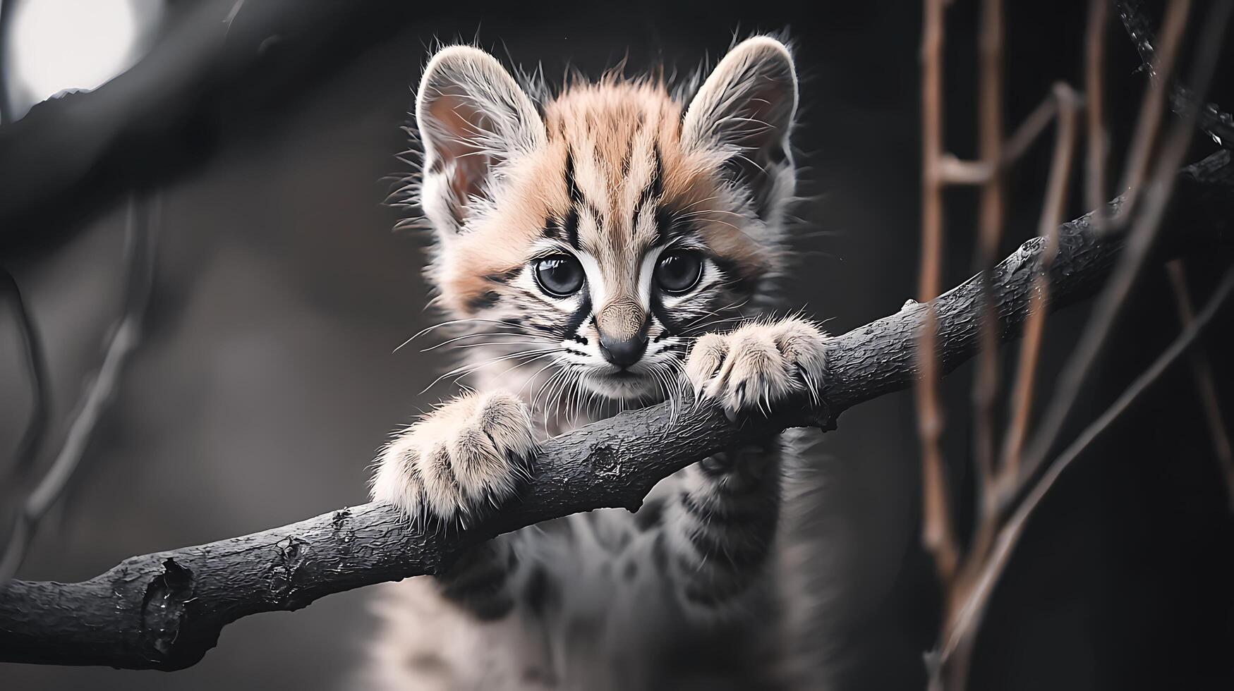 Adorable young wild cat clinging to a tree branch. photo