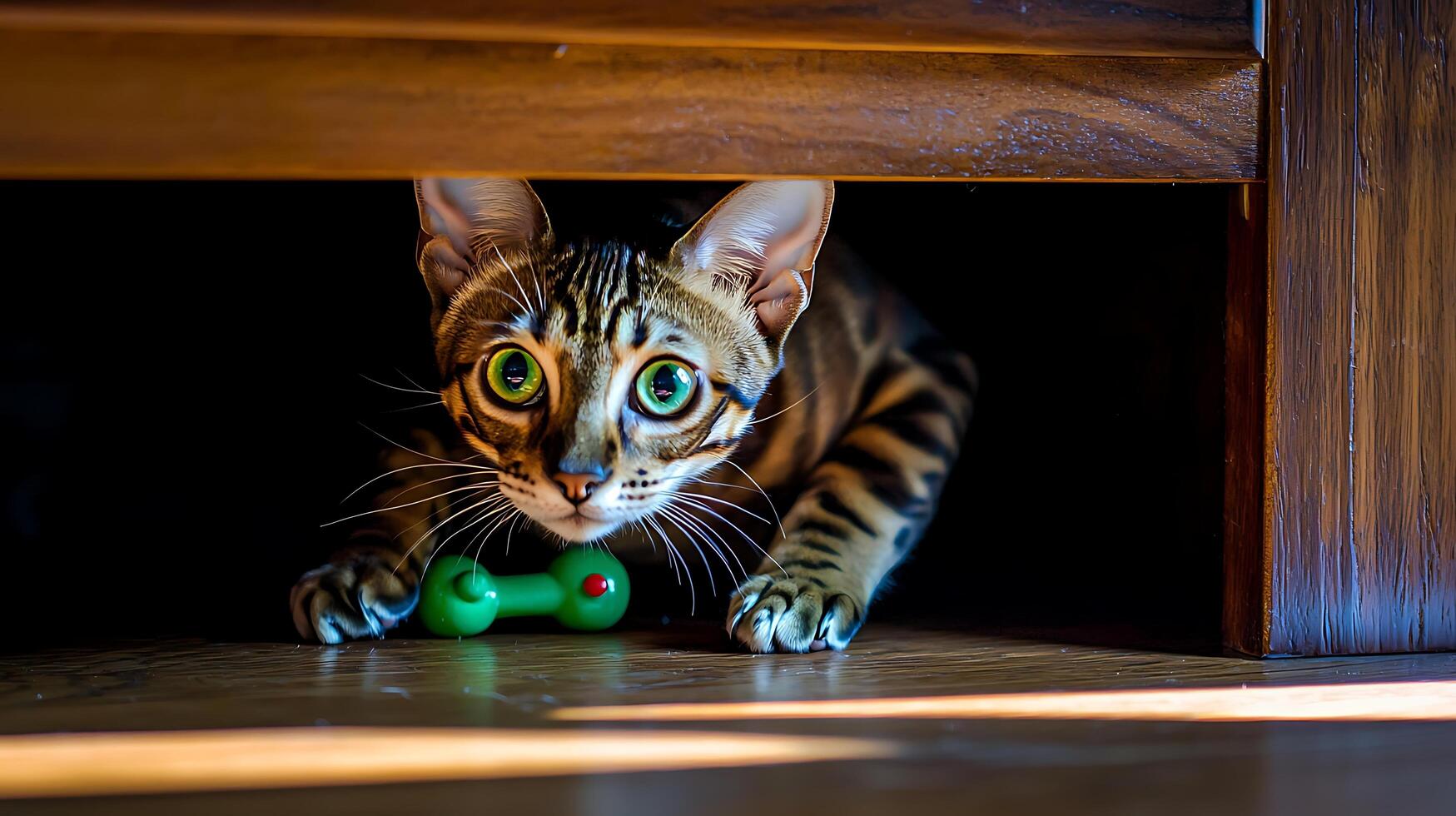 Curious Cat Peeking Out From Underneath with Bright Green Eyes and Toy. photo