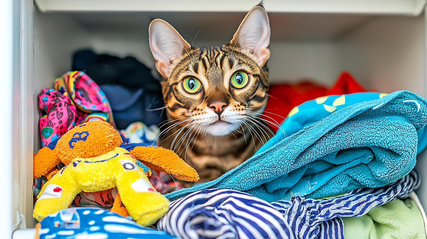 Curious Bengal Cat Peeks From Among Soft Toys and Blankets. photo