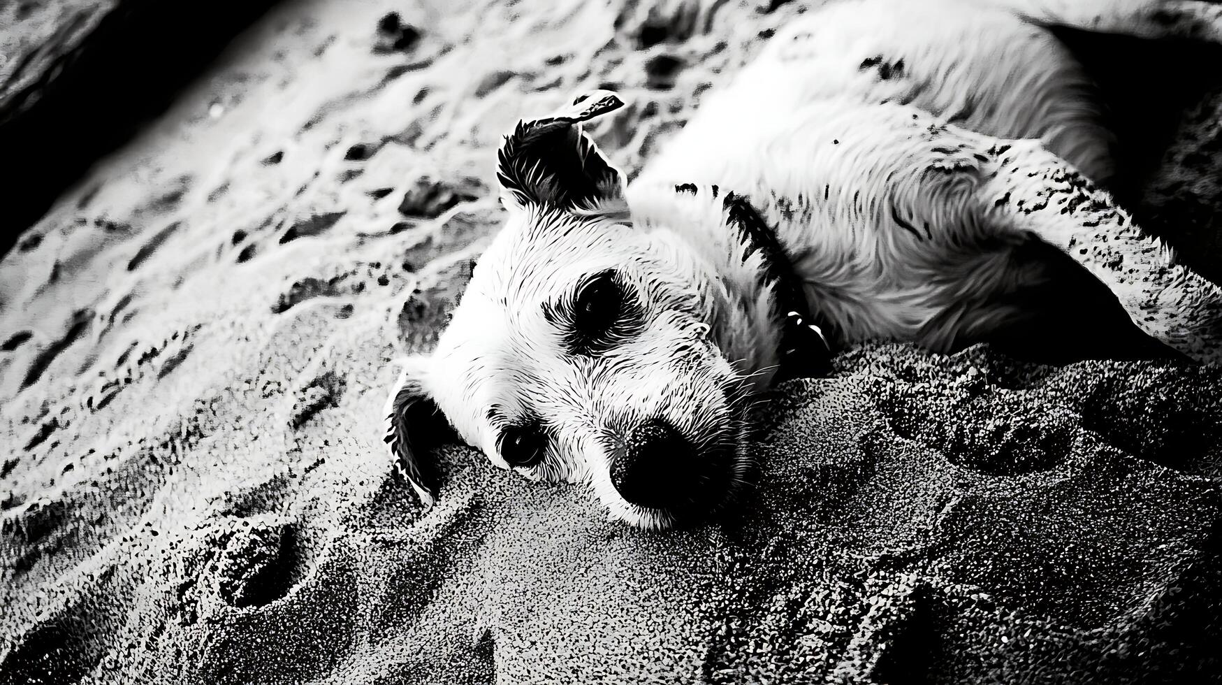 A Dog's Peaceful Rest on a Sandy Beach in Black and White. photo