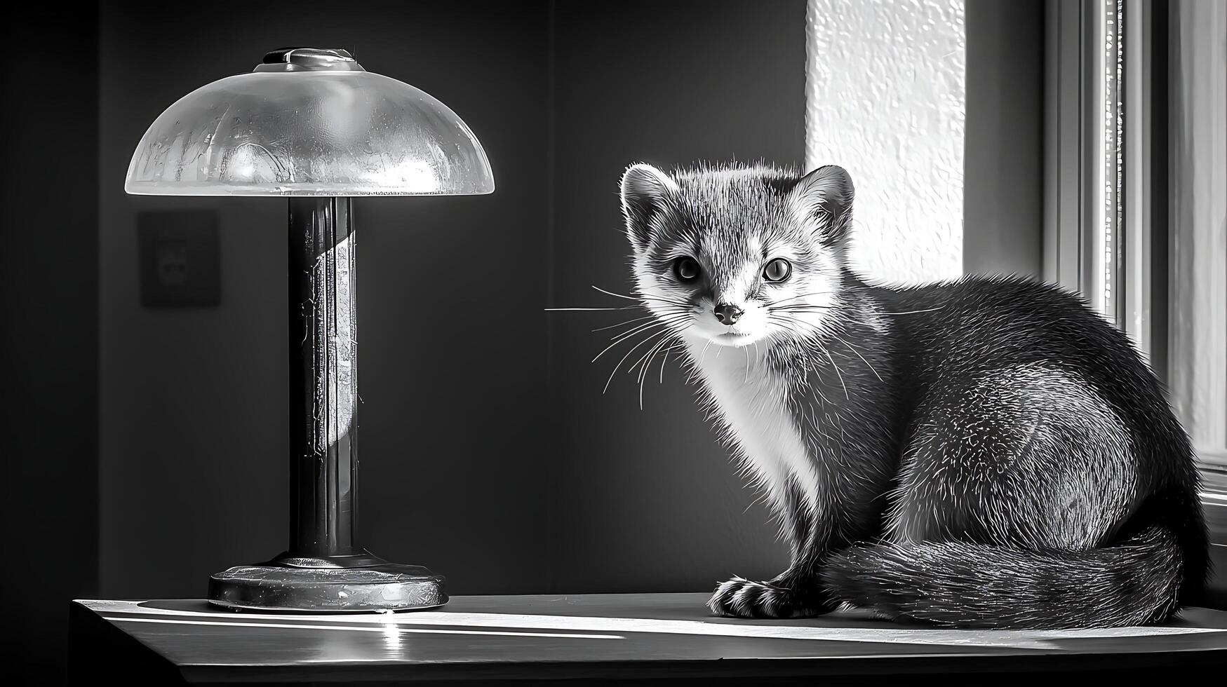 Curious Ferret Poses by a Lamp in Black and White Lighting. photo