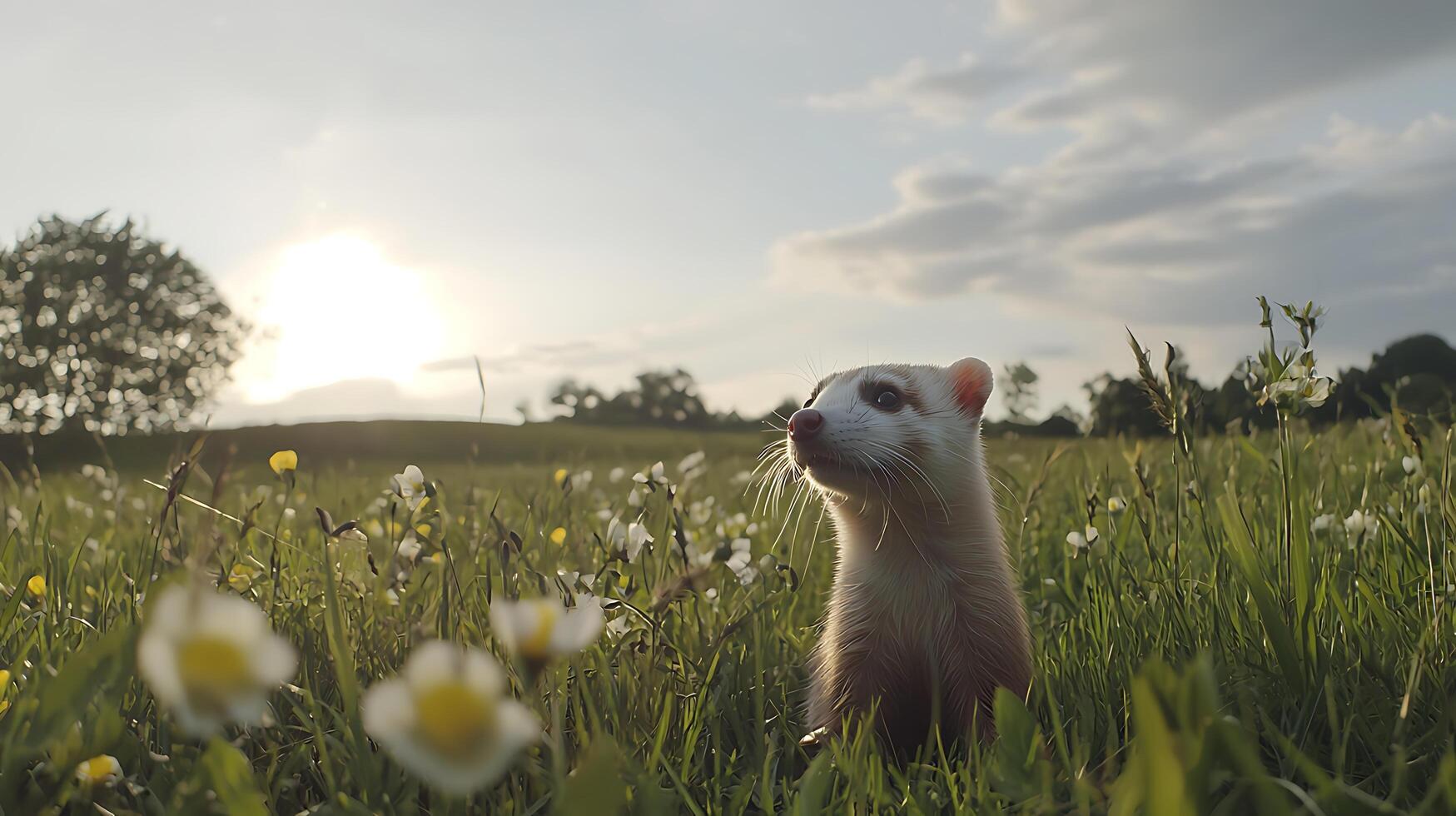 Curious ferret peeks through wildflowers at golden hour sunset. photo