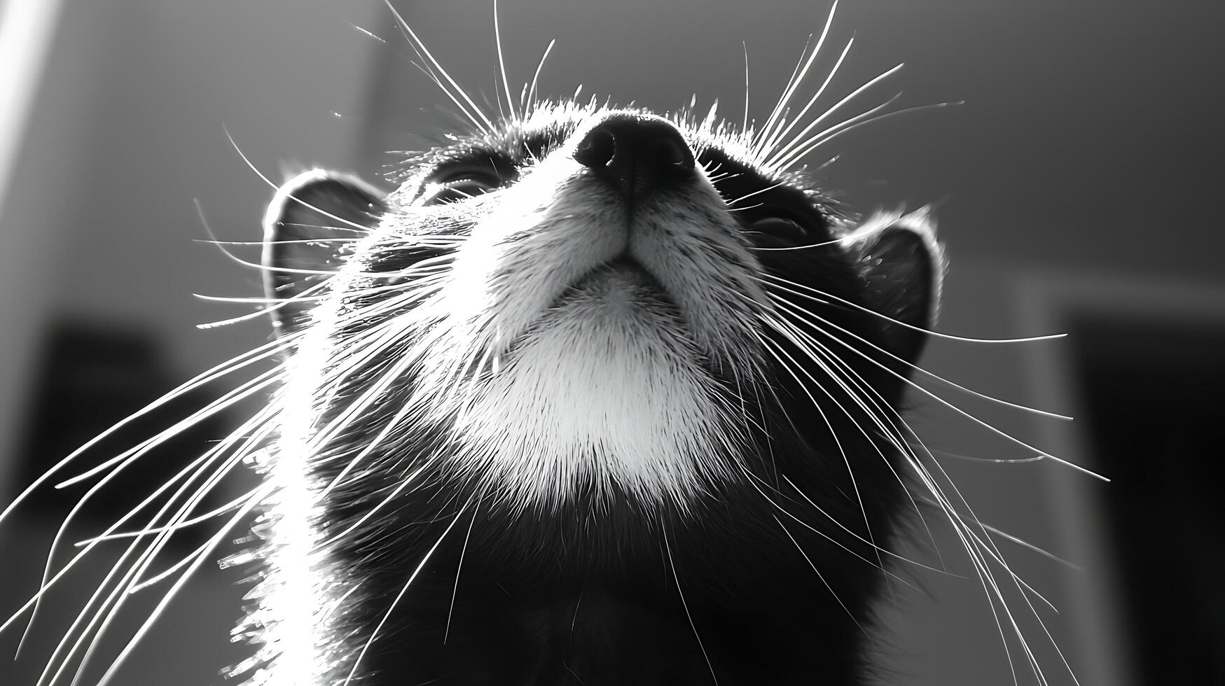 Black And White Close Up Of A Cat's Face With Whiskers. photo