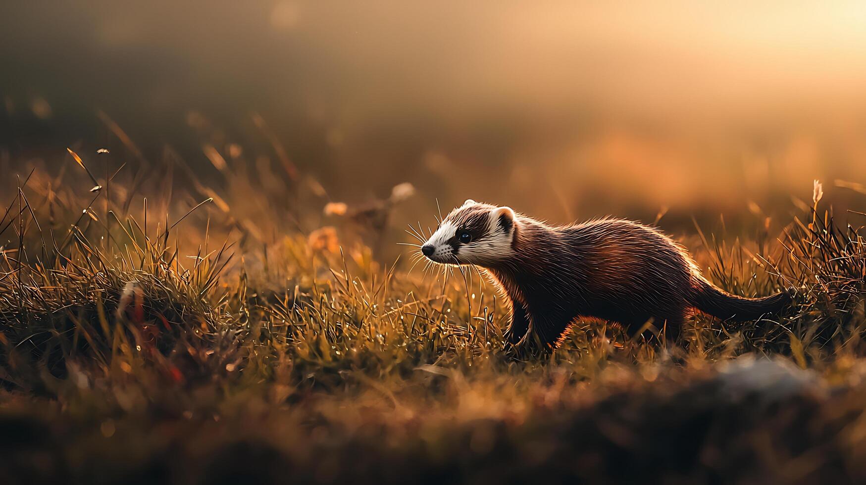 Ferret exploring a golden meadow at sunrise, full of life. photo