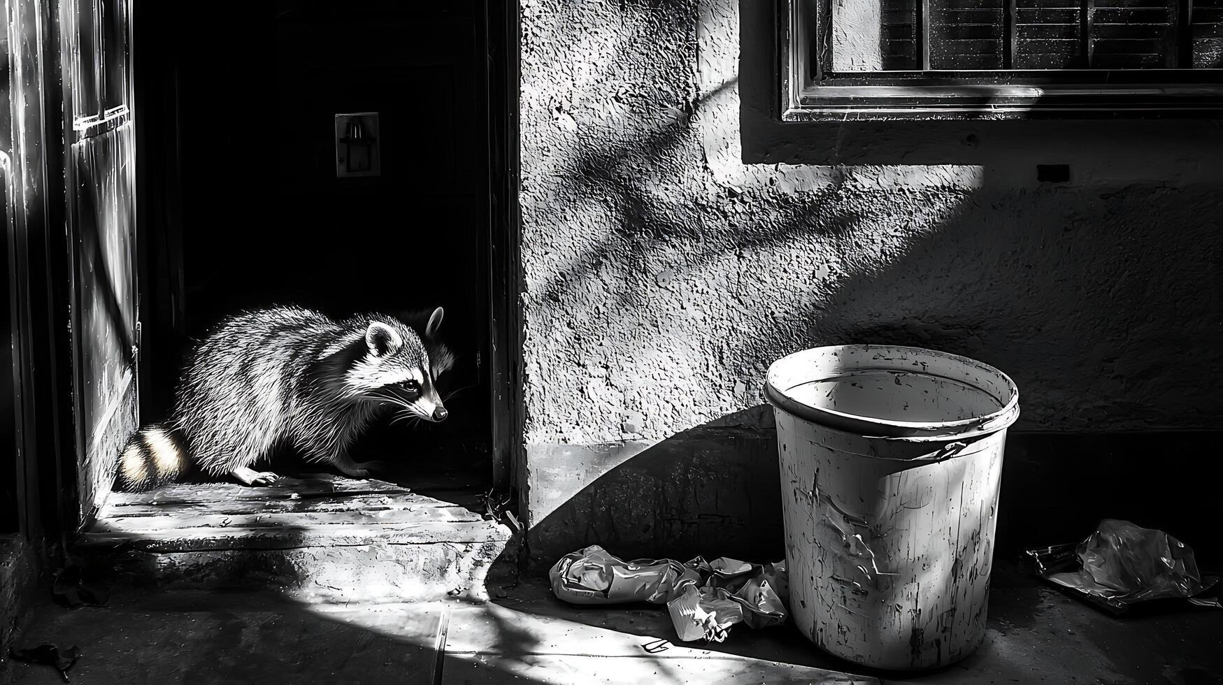 Curious Raccoon Investigates Discarded Trash Can in Moody Black and White Scene. photo