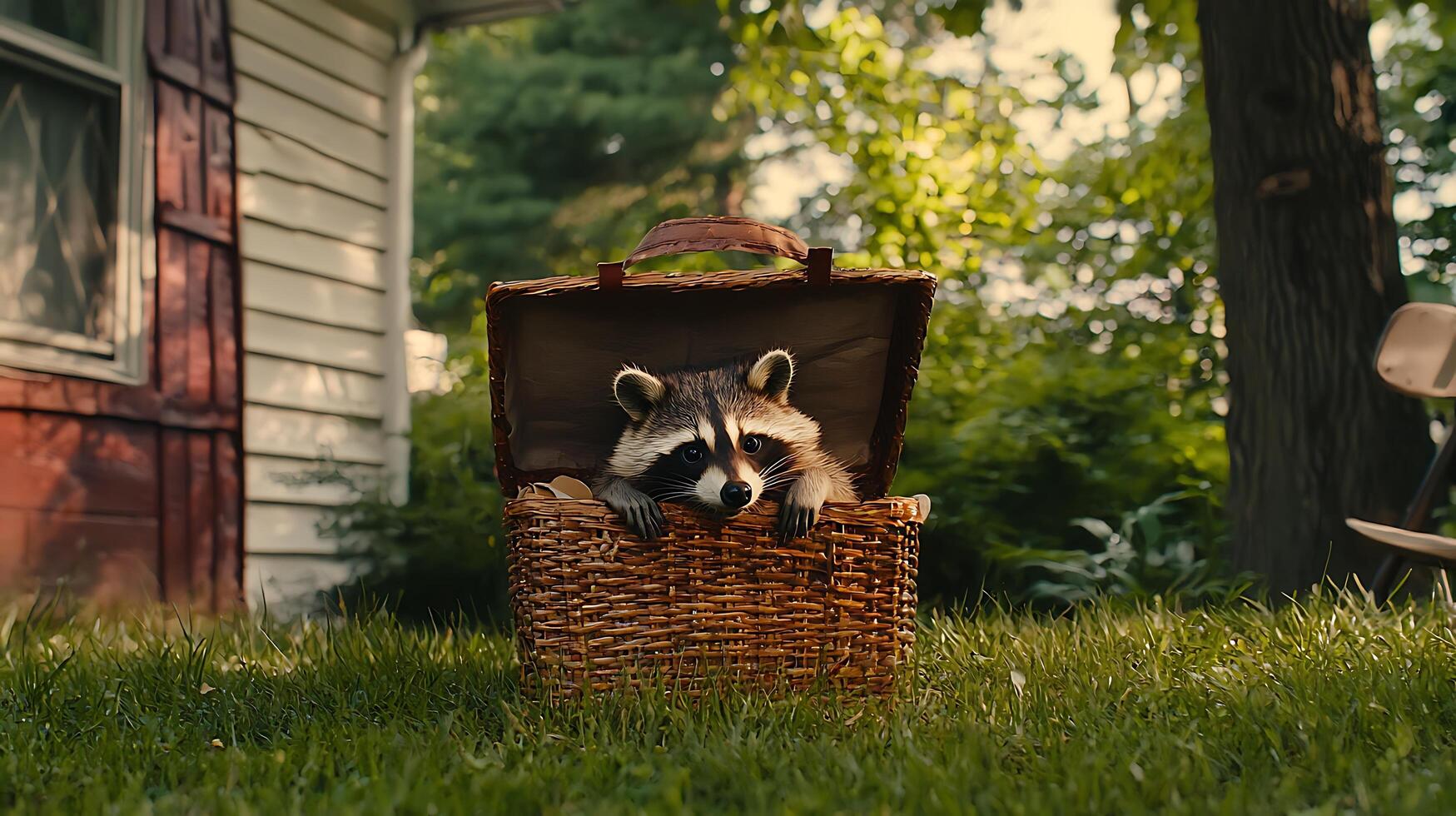 Curious Raccoon Peeking From Woven Basket Outdoors in Sunlight. photo