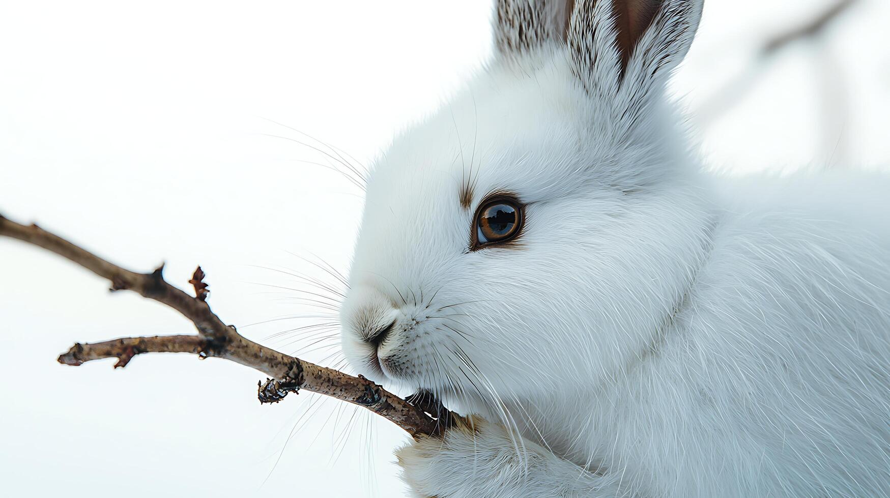 Adorable White Rabbit Nibbling on a Twig in Snowy Environment. photo