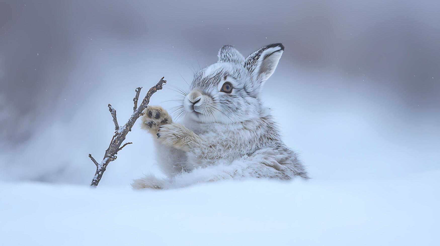 Adorable baby bunny reaches for a tiny snowy branch. photo