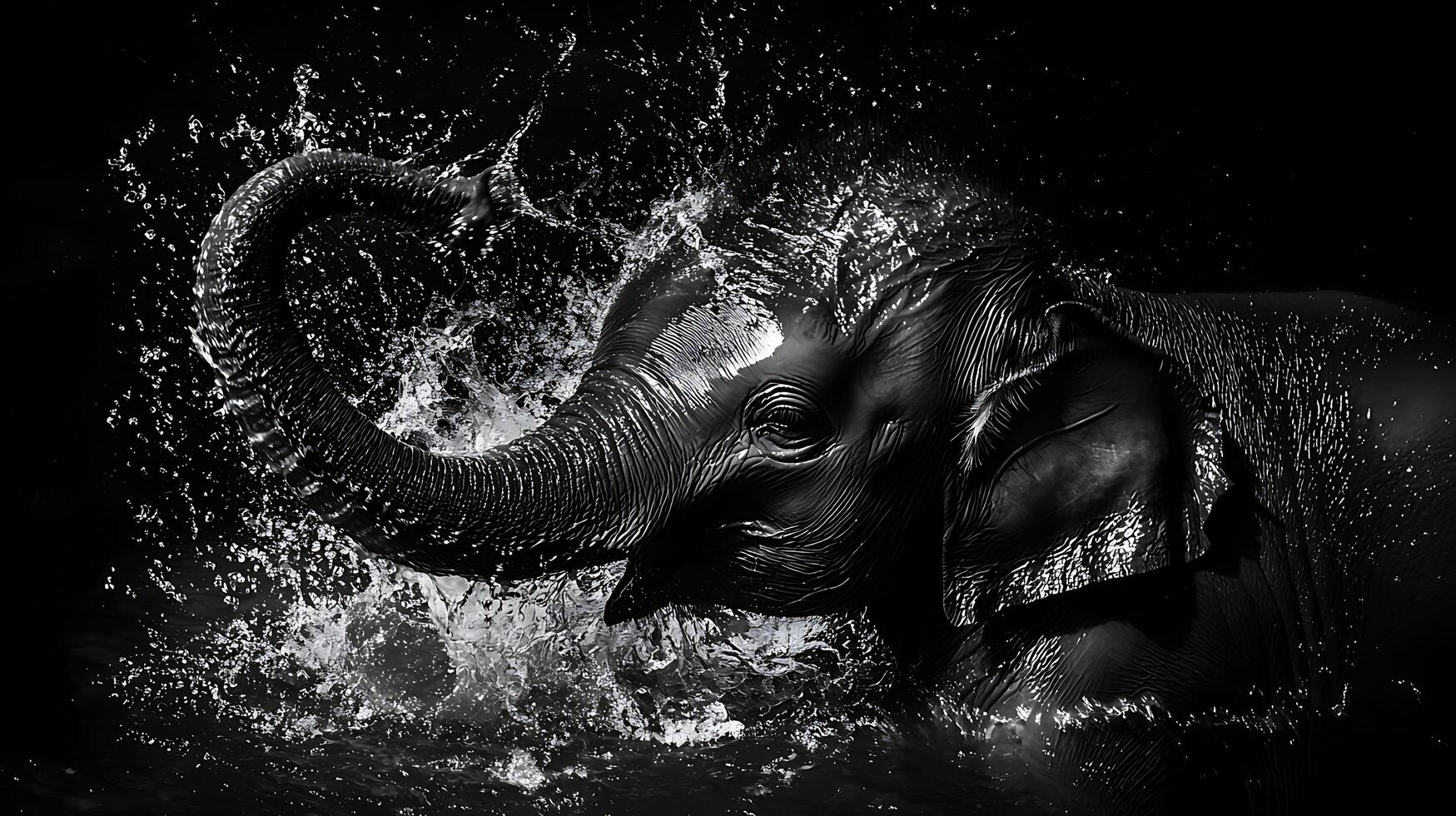 Majestic Elephant Enjoys Refreshing Splash in Dramatic Black and White. photo