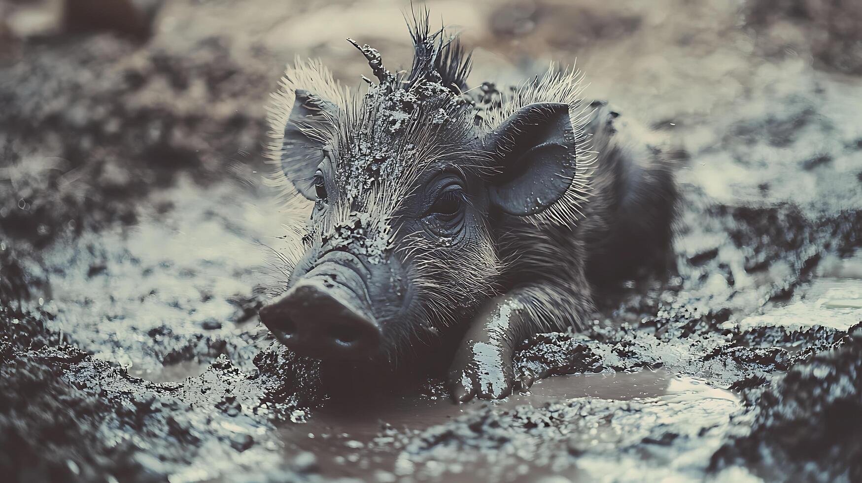 Adorable baby piglet enjoys a delightful muddy bath in the wild. photo