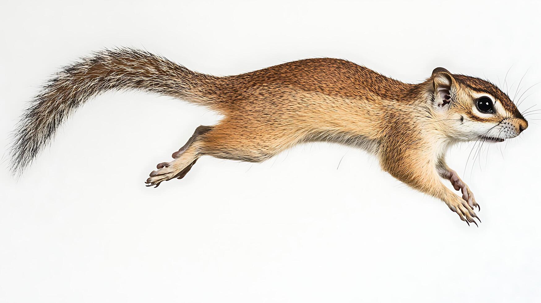 Adorable chipmunk leaps in mid-air on a clean white background. photo