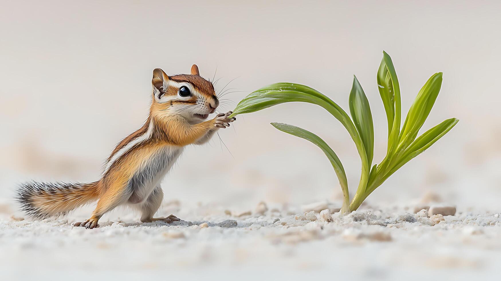 Adorable Chipmunk Reaches for a Fresh Green Sprout in Delicate Detail. photo