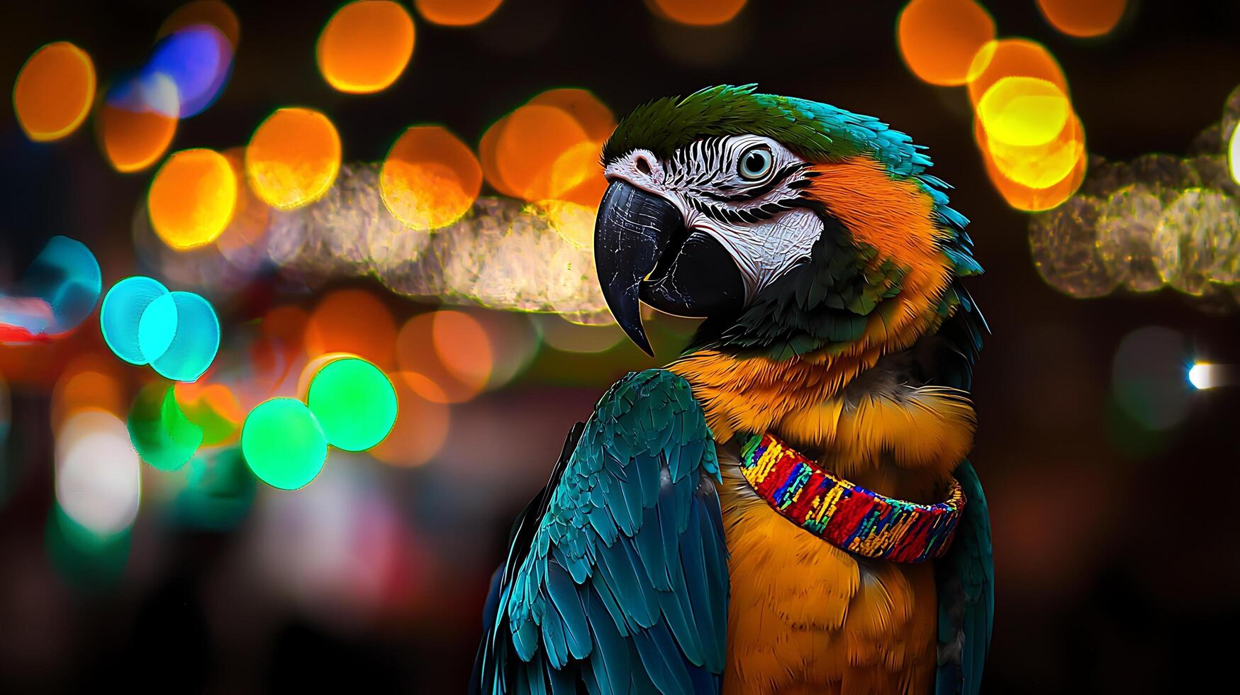 Vibrant Macaw Parrot with Colorful Neckwear in Soft Bokeh Lights. photo