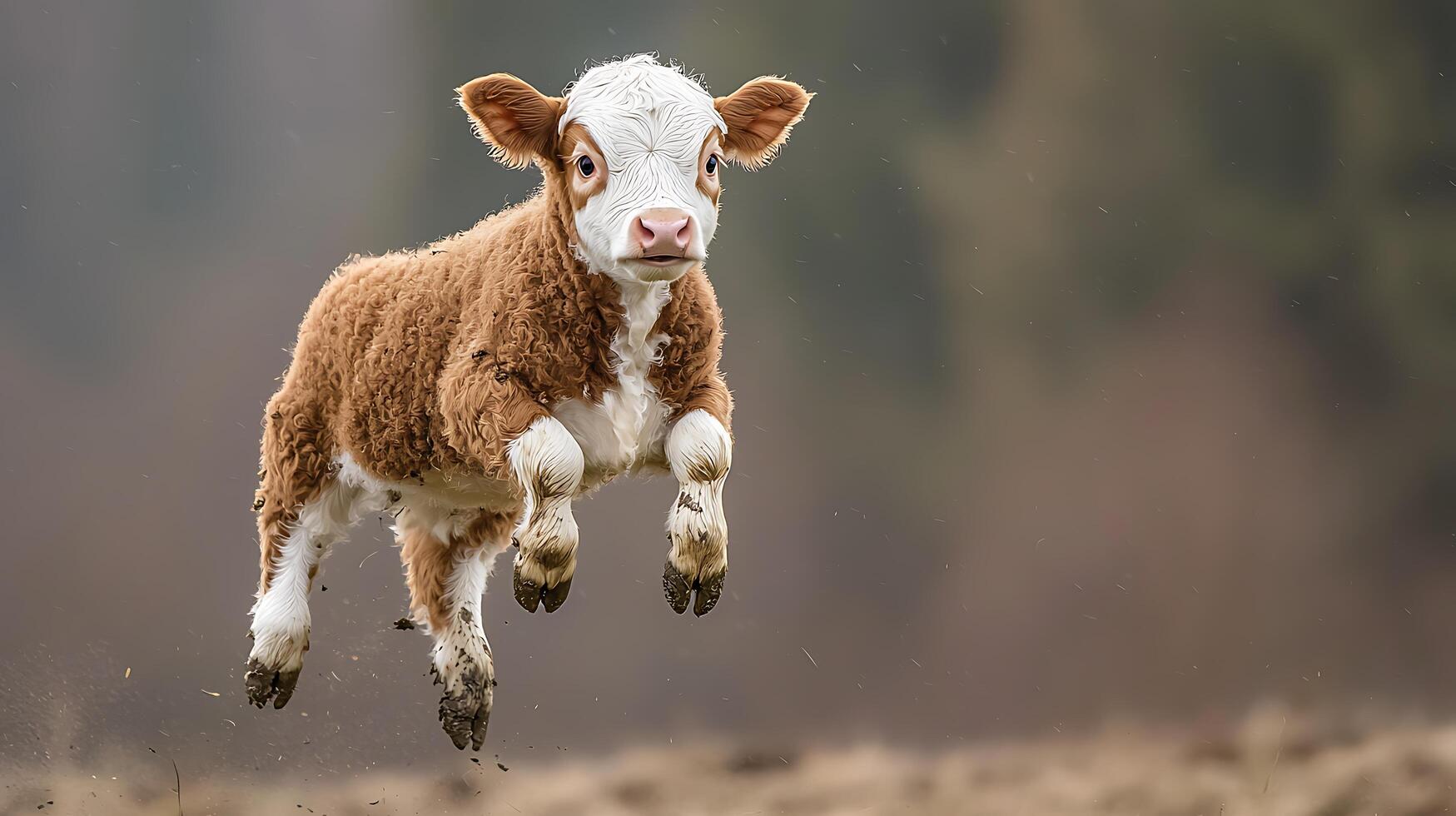 Adorable Calf Leaps Joyfully in a Muddy Field. photo