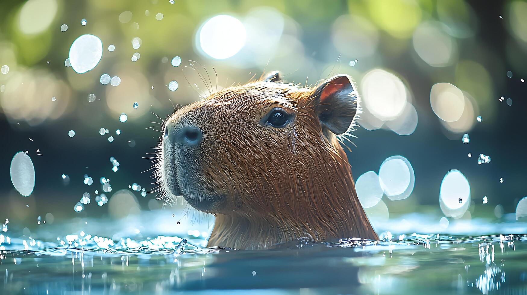 Gentle Capybara Peeks Out of Water with Water Droplets. photo