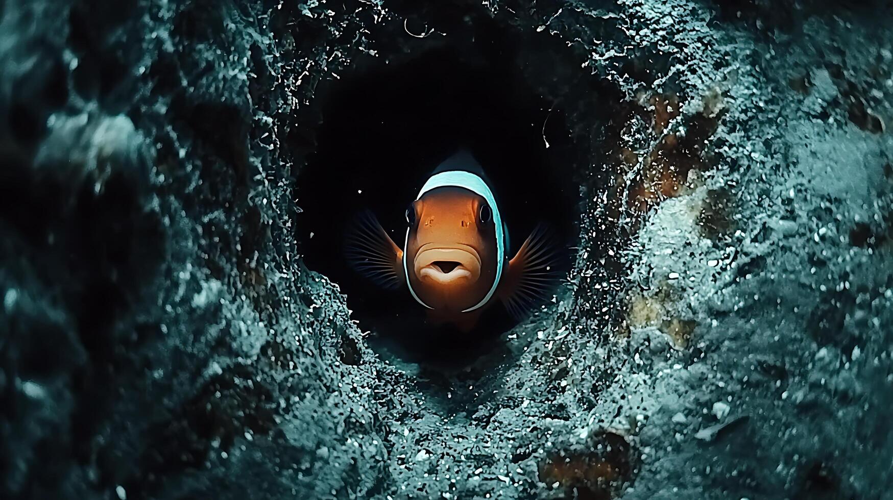 Colorful Clownfish Peeking Out From its Rocky Underwater Home. photo