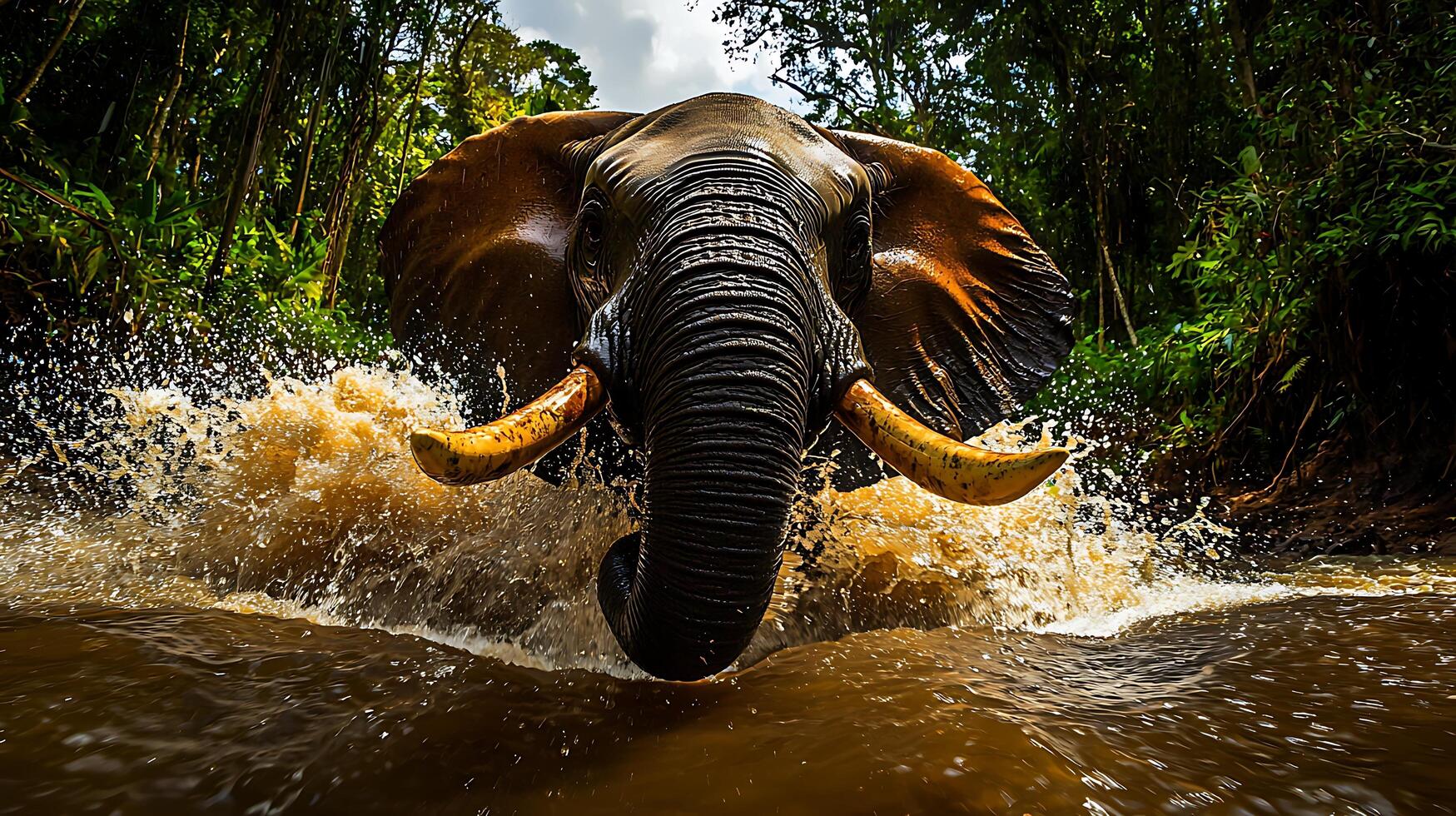 Majestic Elephant Charging Through Water, Creating a Powerful Splash. photo