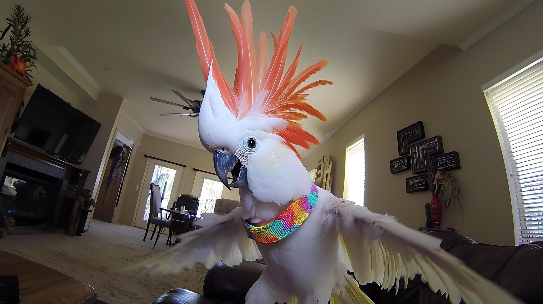 Playful Cockatoo Spreads Its Wings in a Cozy Living Room. photo