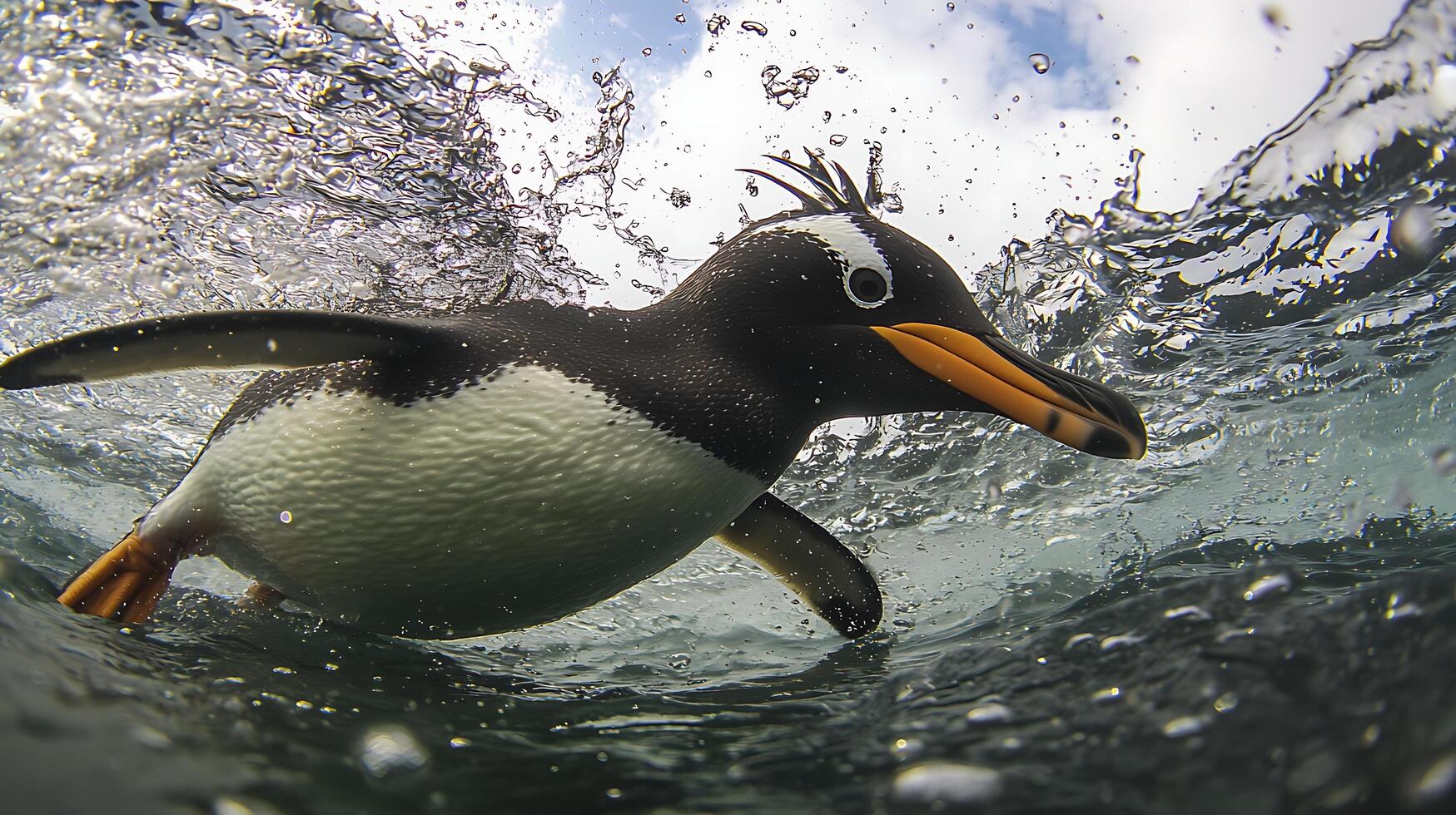 Penguin diving through shimmering water on a sunny day. photo