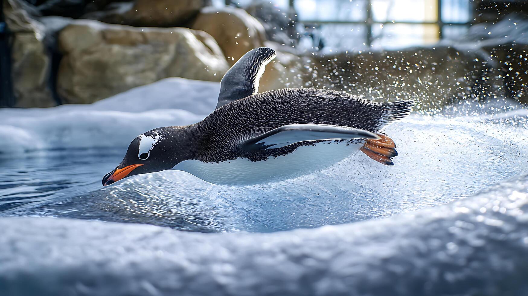 Penguin leaps out of icy water with dynamic splash and motion. photo
