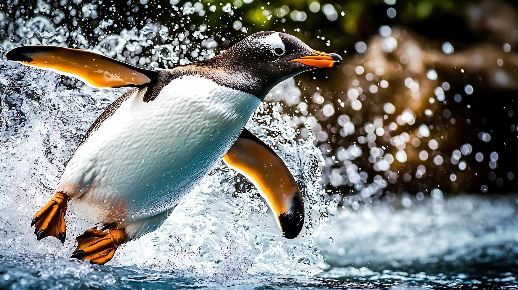 Penguin Jumps Out Of The Water, Splashing And Emerging. photo