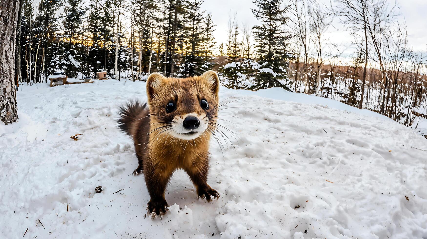 Curious little fisher creature peeking out in the snow photo