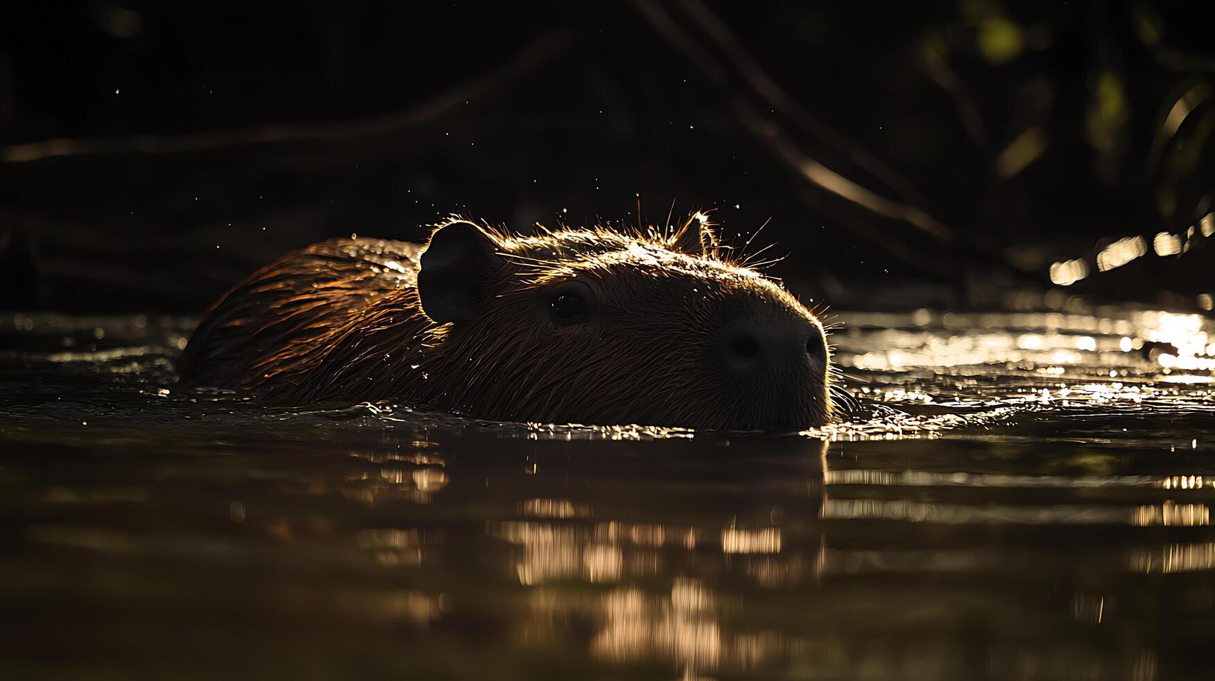 Capybara emerges from dark water with sunlit fur. photo