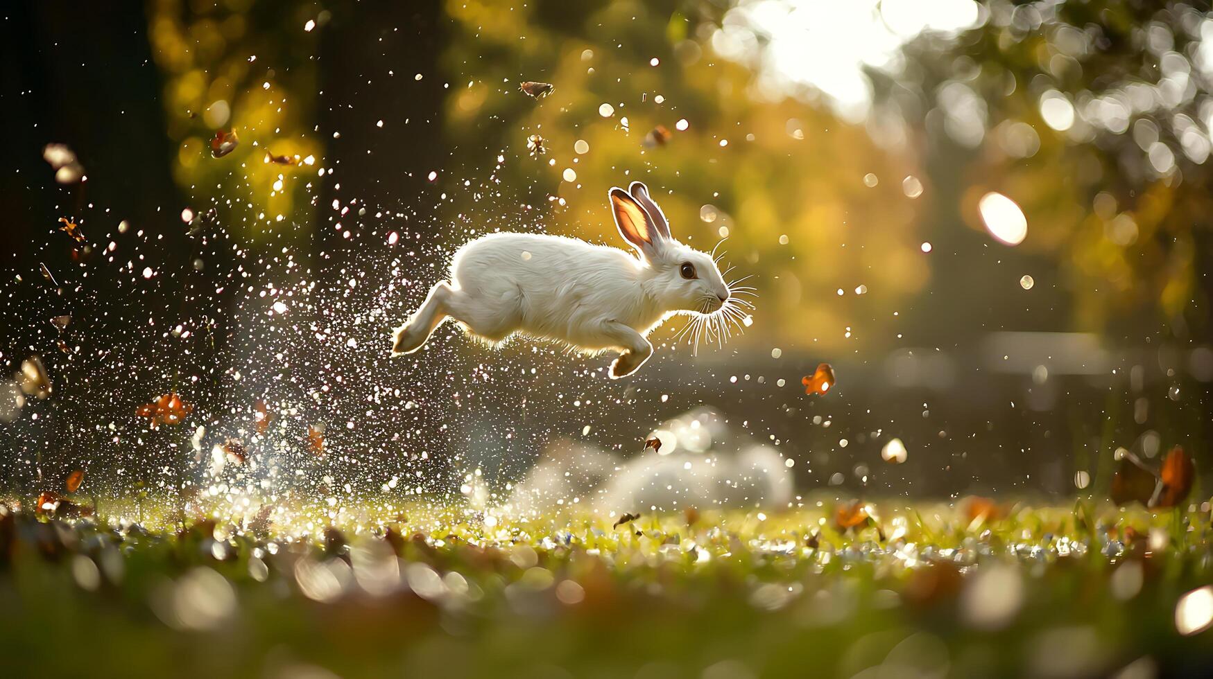 Playful White Rabbit Leaps Through Sunlit Autumn Grass with Falling Leaves. photo