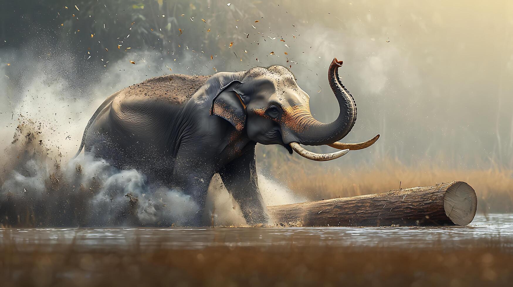 Majestic Elephant Triumphs, Pushing Through the Water and Debris. photo