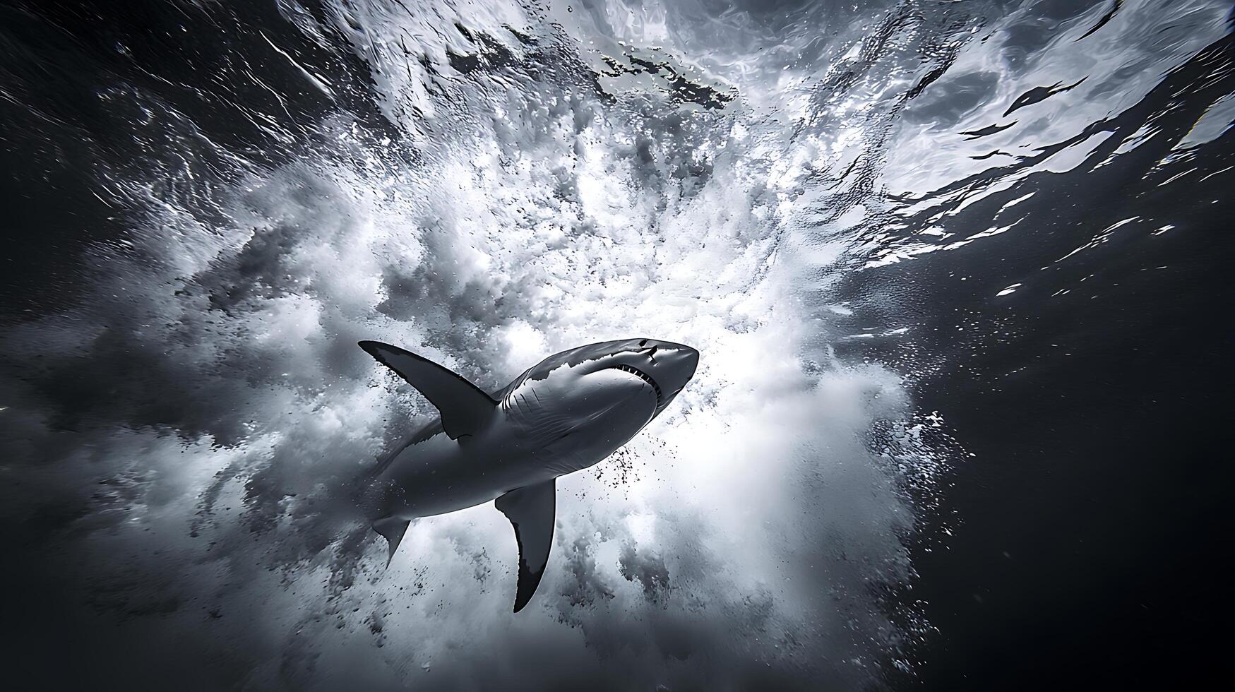 Majestic Shark Breaks Surface Amidst Turbulent Ocean Waves. photo