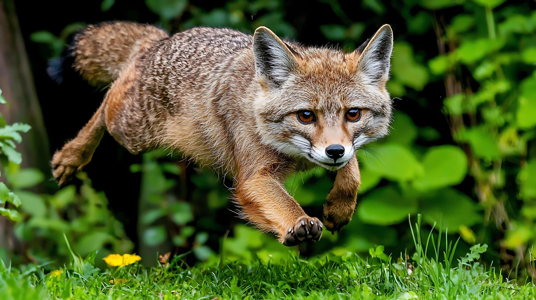 Fox mid jump focused on prey in grassy green nature. photo