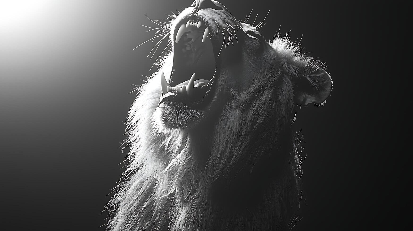 Majestic Lion Roaring with Full Mane and Sharp Teeth in Dramatic Light. photo