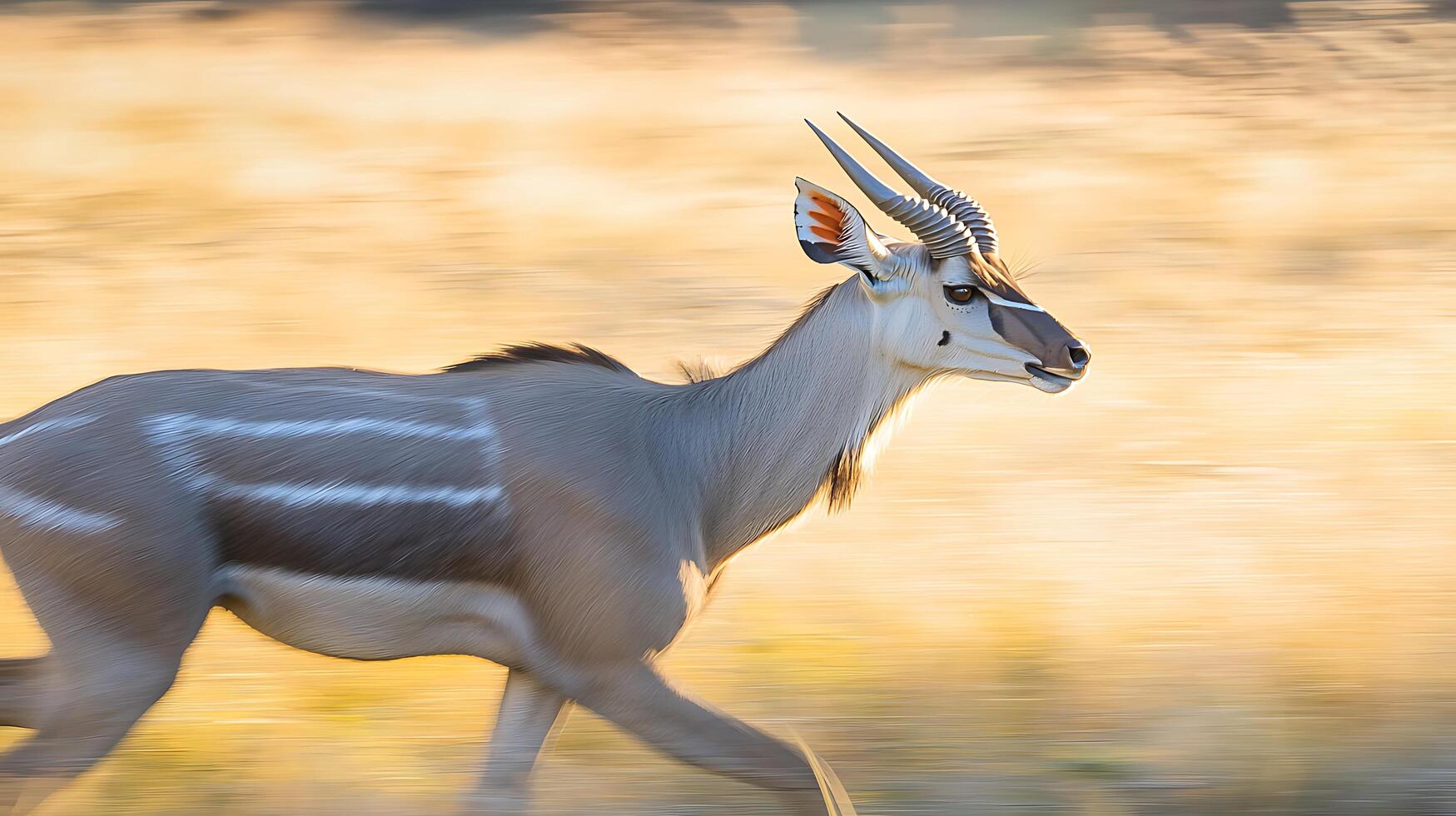 Majestic Antelope Runs Through Golden Savannah at Sunset. photo