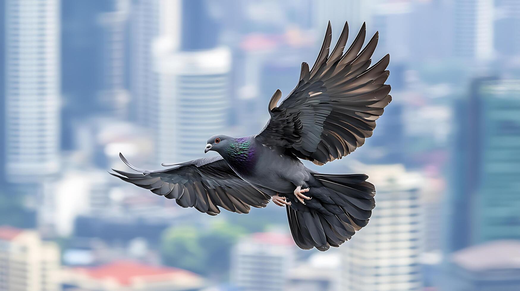 Majestic Pigeon Soars Gracefully Above a Blurry Cityscape. photo