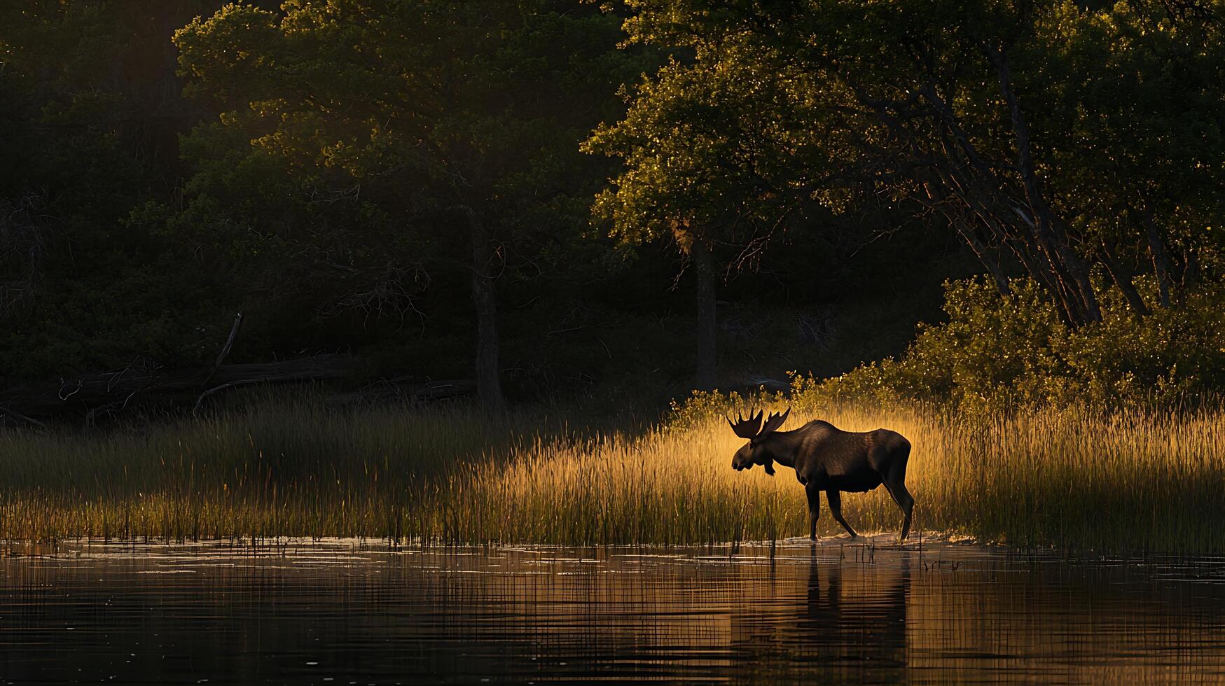 Majestic Moose Walks Through Golden Reeds by the Water at Sunrise. photo