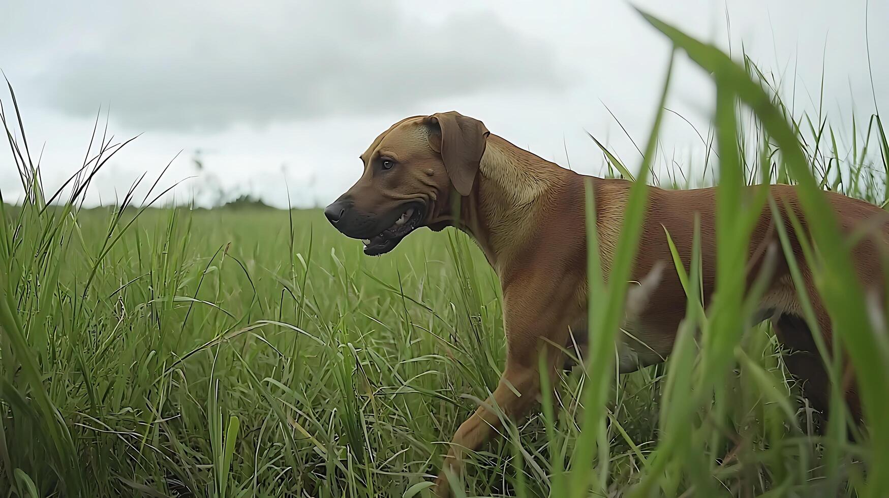 Brown dog walks through tall green grass on a cloudy day. photo