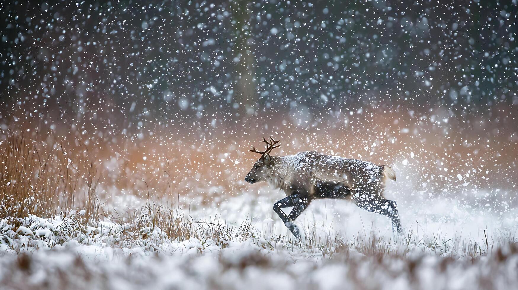 Majestic Reindeer Runs Through Falling Snow in Winter Wonderland. photo