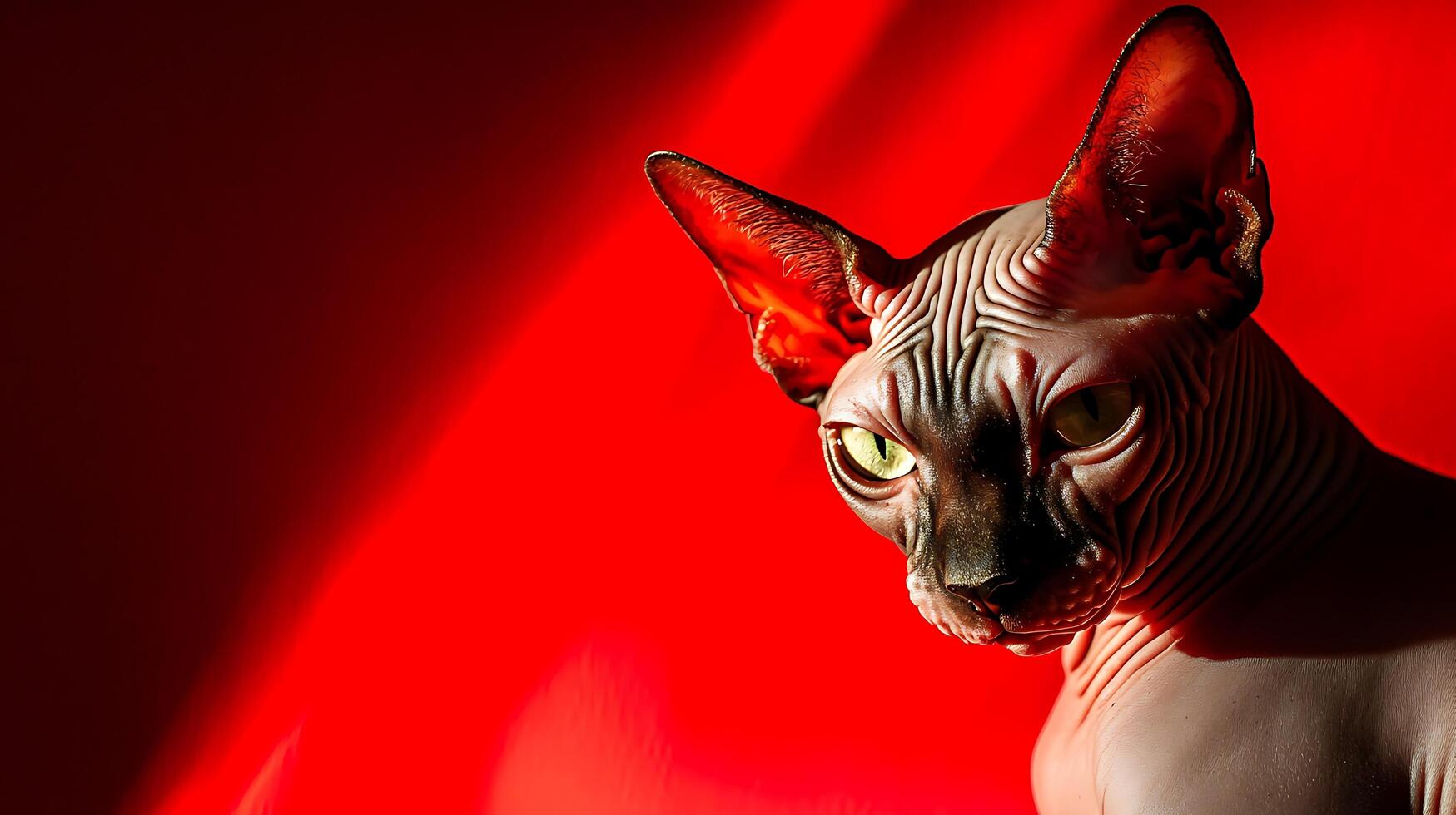 Striking Portrait of a Hairless Cat Against a Vibrant Red Background. photo