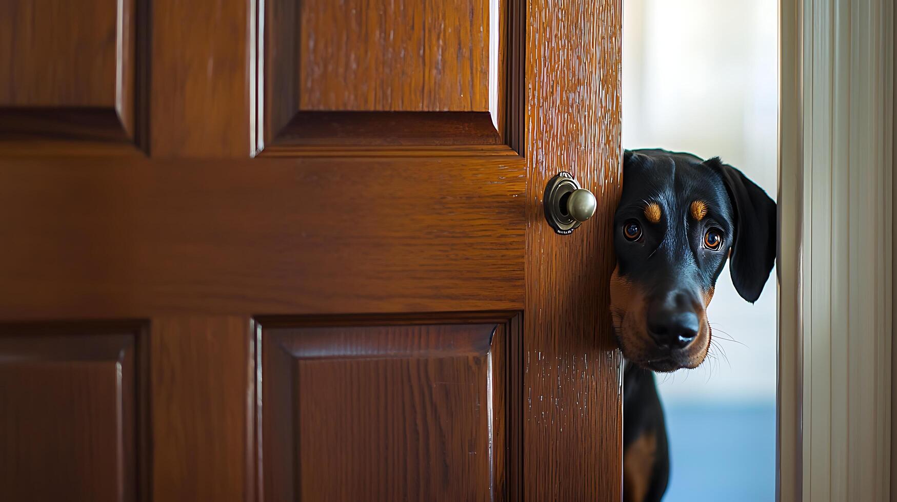 Curious Dog Peeking Through Open Doorway with Golden Eyes. photo