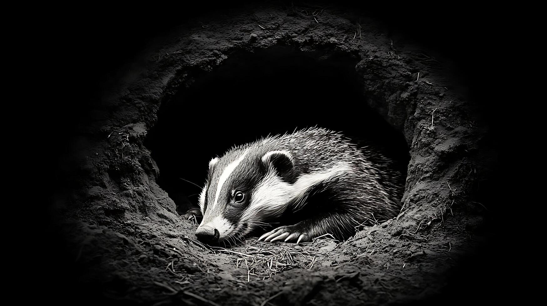 A Badger Peeks Out From Its Cozy Burrow Entrance. photo