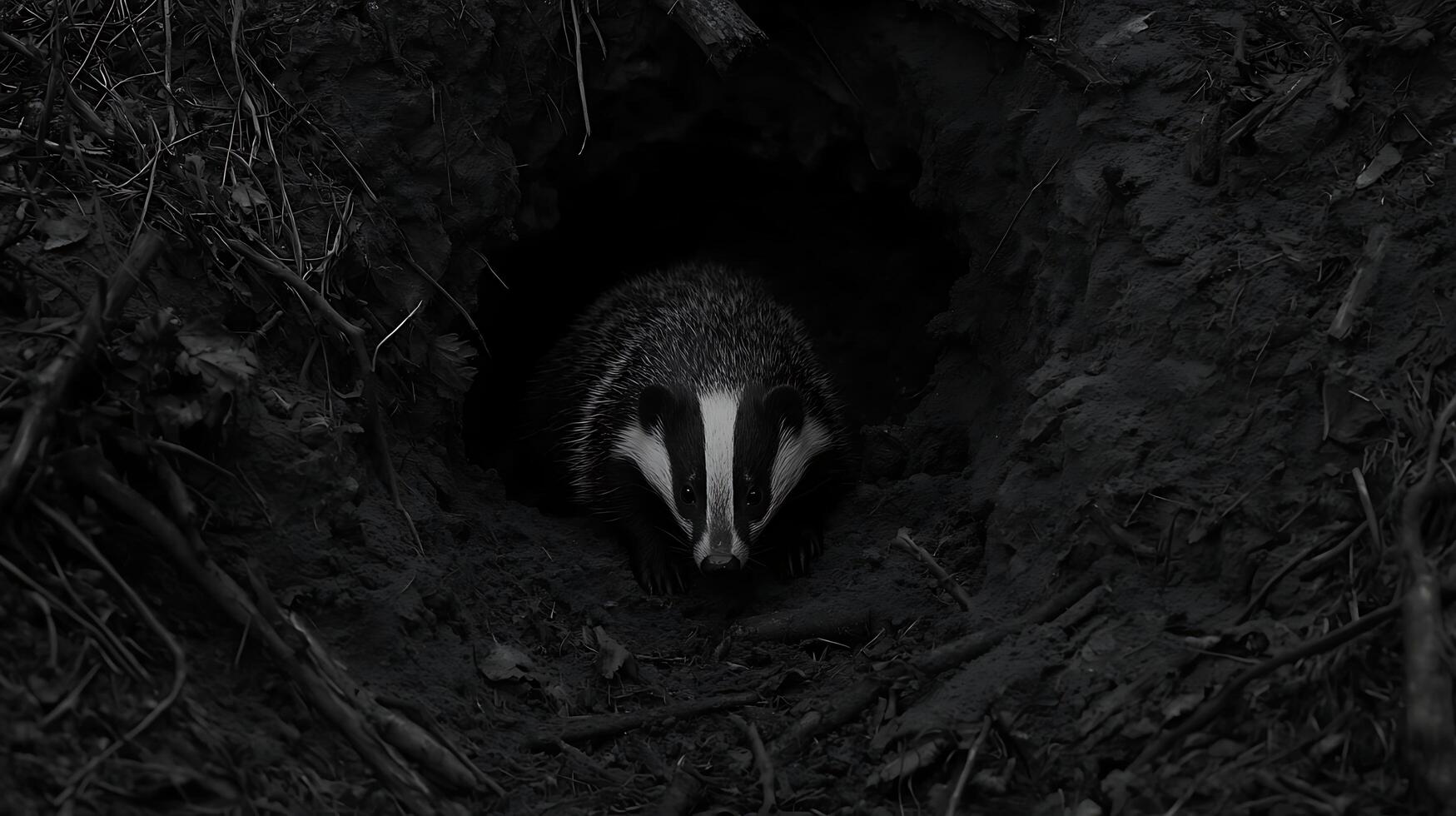 A Lone Badger Emerges From Its Dark, Earthy Den. photo