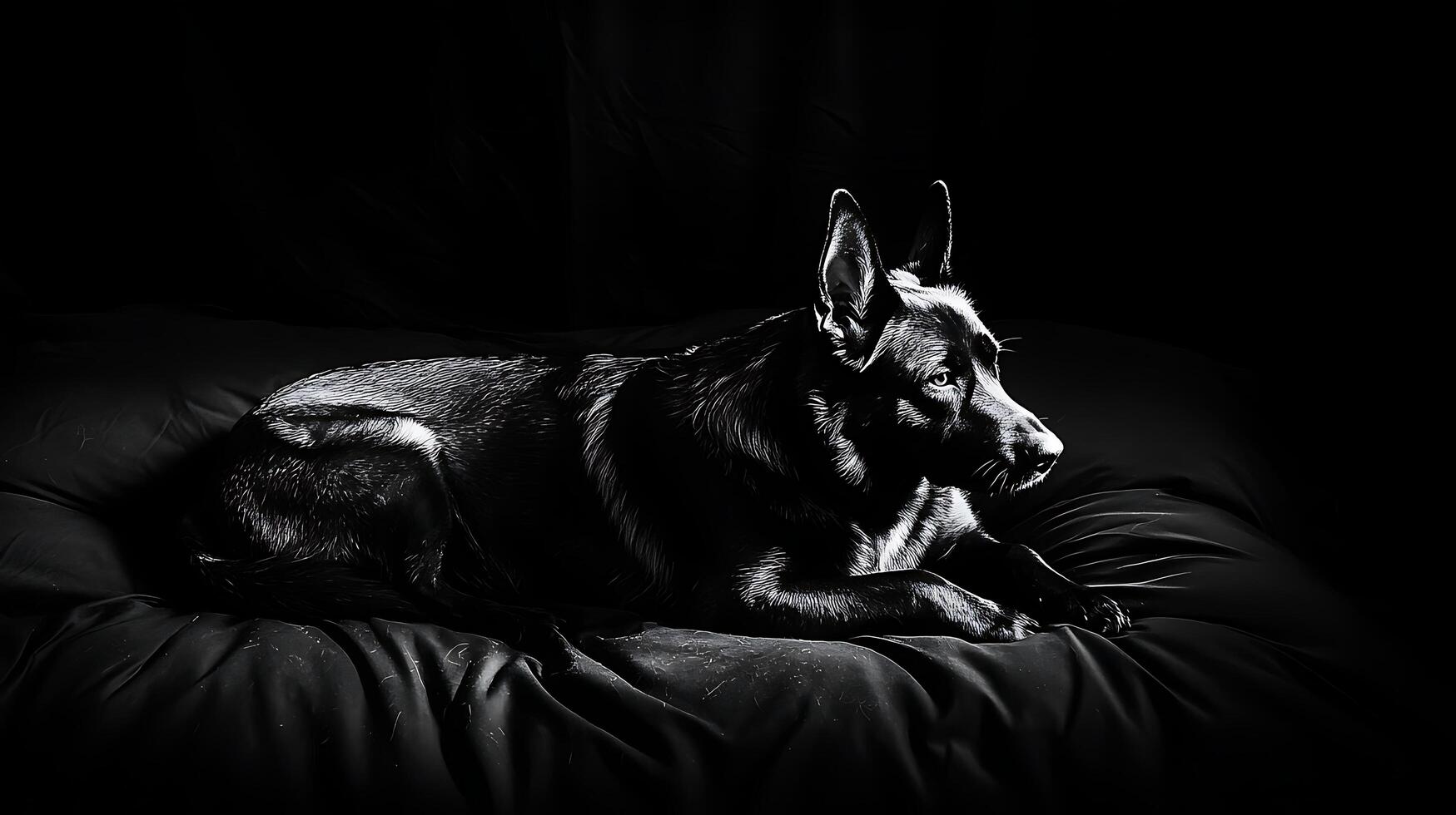 Dramatic Black and White Portrait of a German Shepherd Dog Lying Down. photo