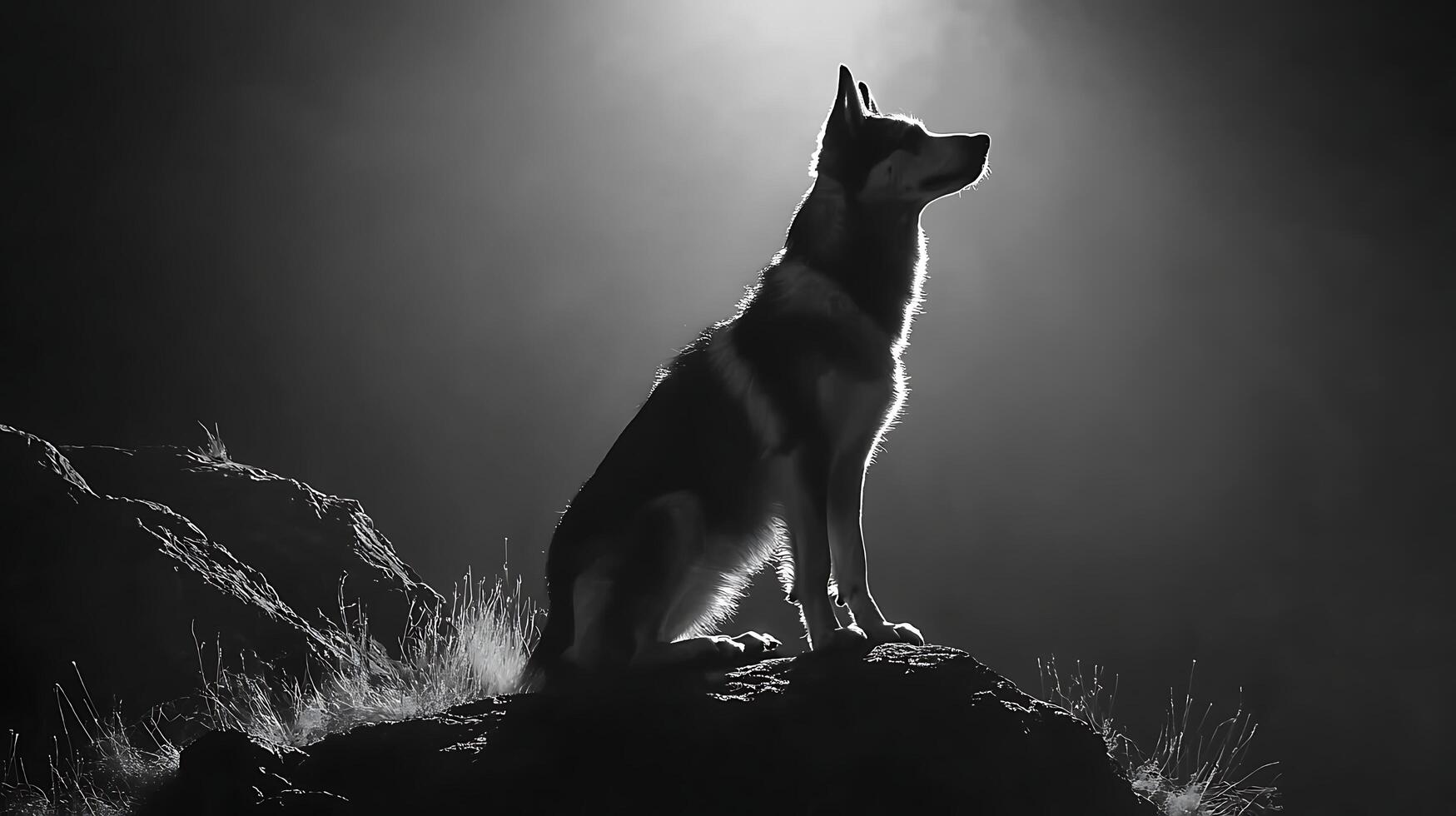 Majestic Dog in Silhouette on Rocky Outcrop Under Dramatic Lighting. photo