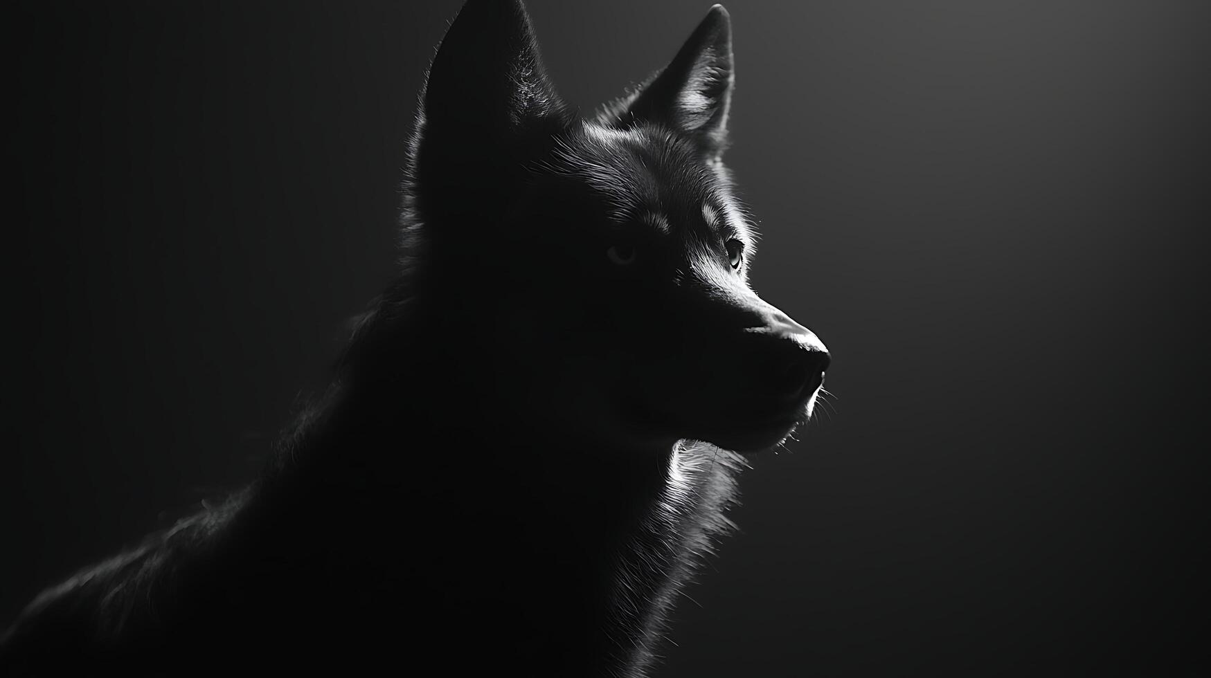 Striking Profile of a Majestic Wolf in Dramatic Black and White Lighting. photo