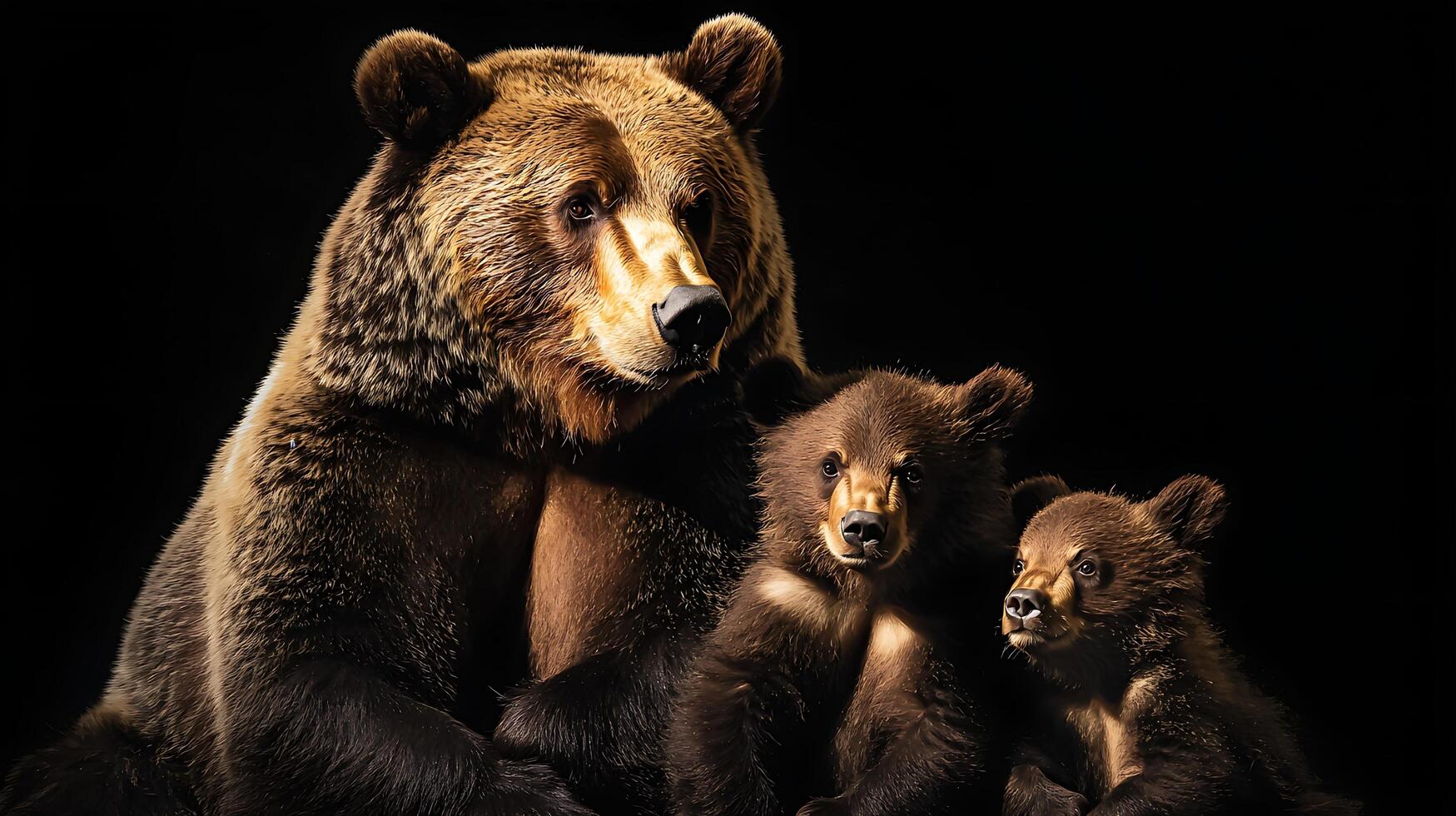 Protective Mother Bear and Her Cubs Against Dark Background. photo