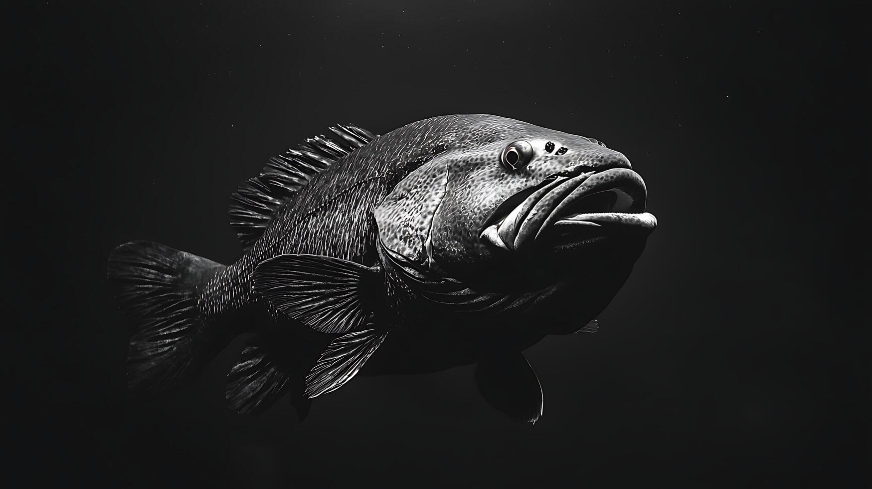 Dramatic Black and White Close Up of a Large Fish in Dark Water. photo