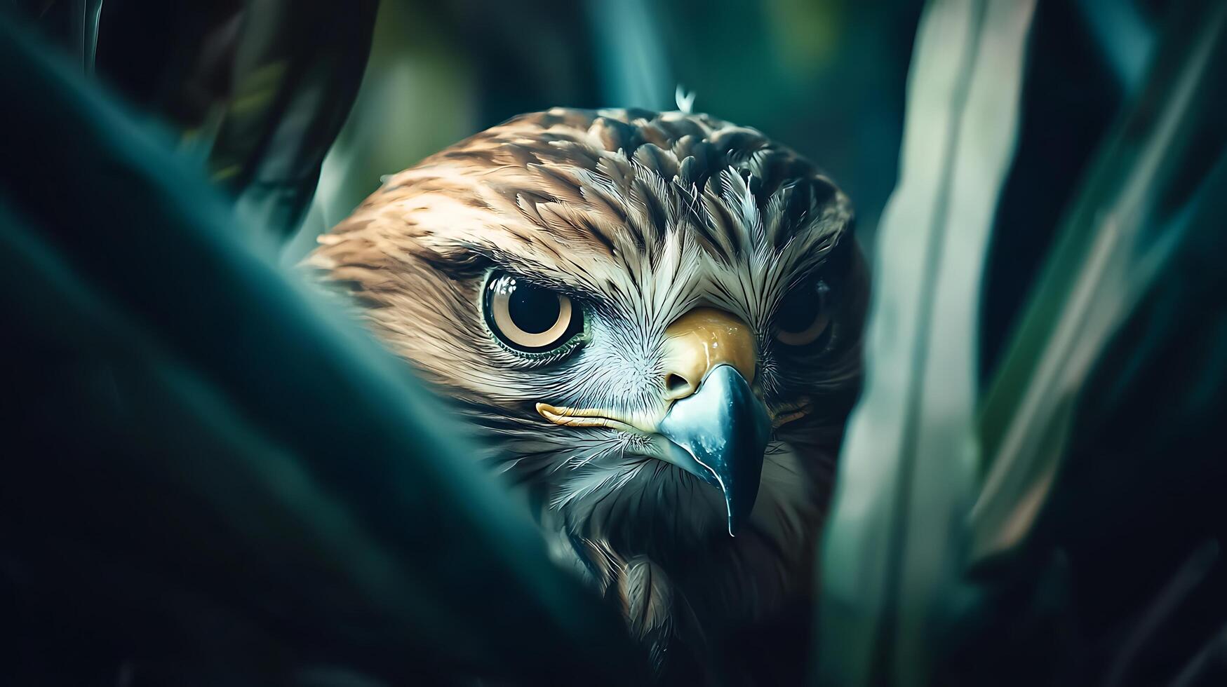 Majestic Bird of Prey Emerges From Lush Greenery in Close Up Portrait. photo