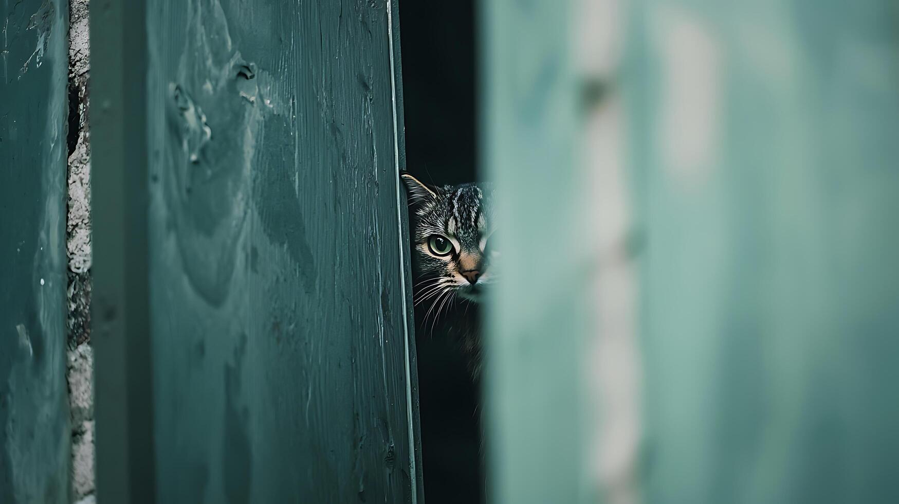Curious Cat Peeks Out From Behind a Distressed Green Door. photo