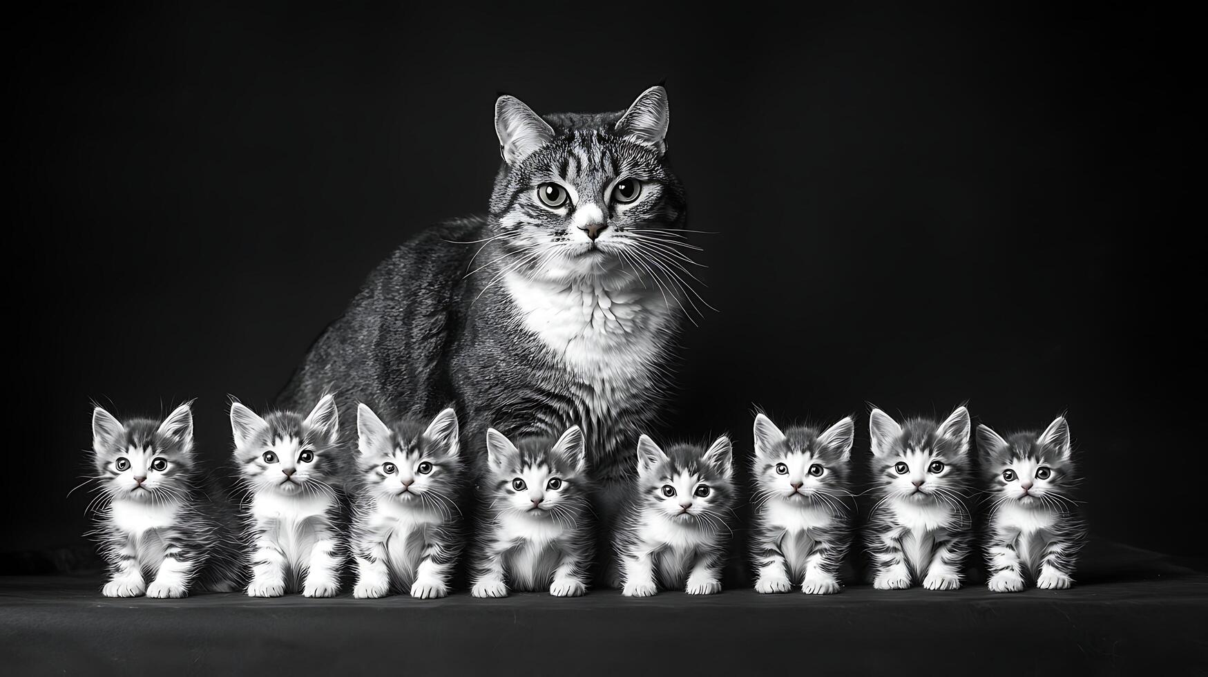 A Mother Cat and Her Adorable Litter of Kittens Posed Together. photo